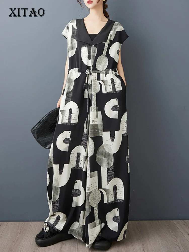 

XITAO принт буквы контрастного цвета бандажные комбинезоны с v-образным вырезом и короткими рукавами и карманами свободные тонкие повседневные летние женские комбинезоны ZMY1351