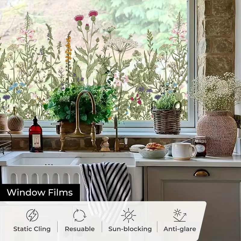 Floral Window Film Privacy Sticker, Decorative Flower Glass Film Static Cling No Glue Reusable Window Covering for Home Kitchen