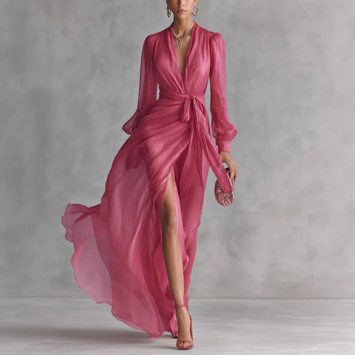 

Vintage Patchwork Maxi Dress Woman Sexy Deep V Neck Puff Sleeve Lace Up Long Dress Elegant Party Holiday Gala Dress Vestidos