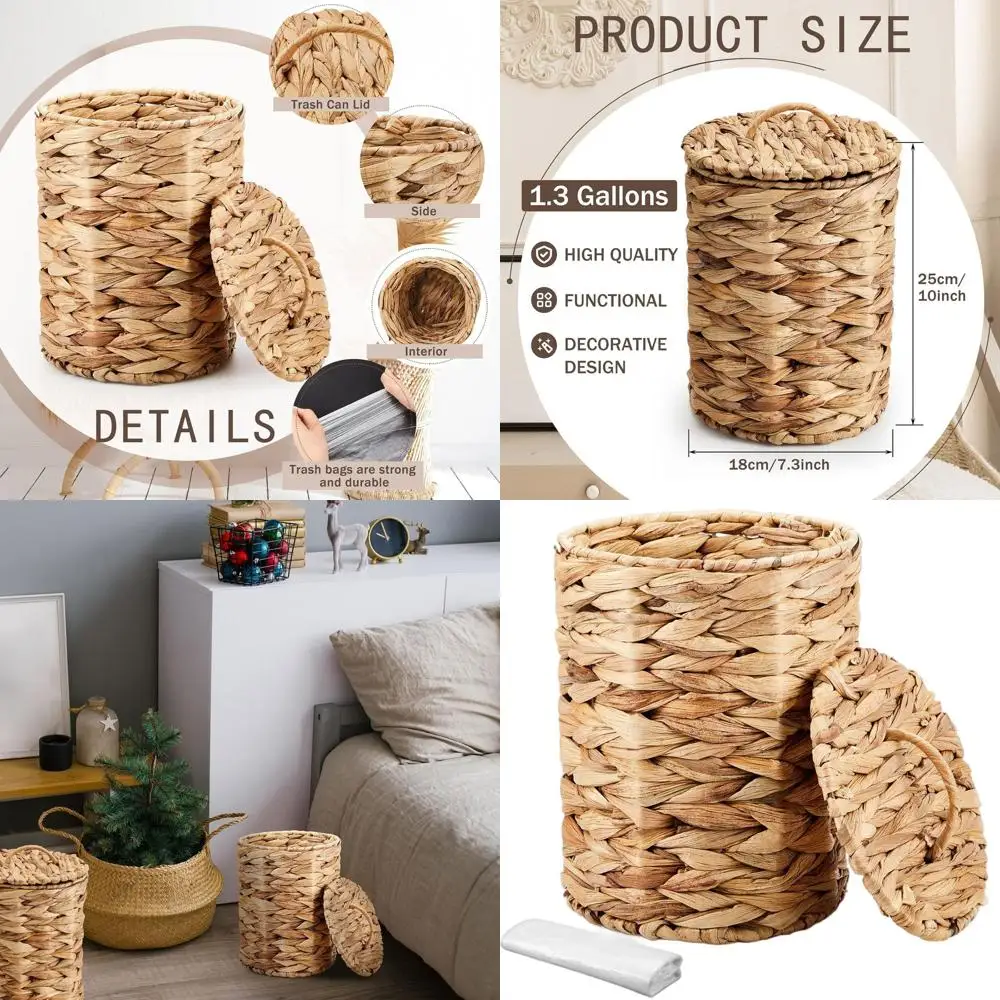 

Natural Boho Braided Wicker Round Trash Can with Lid and 100 Bags for Home Office Use