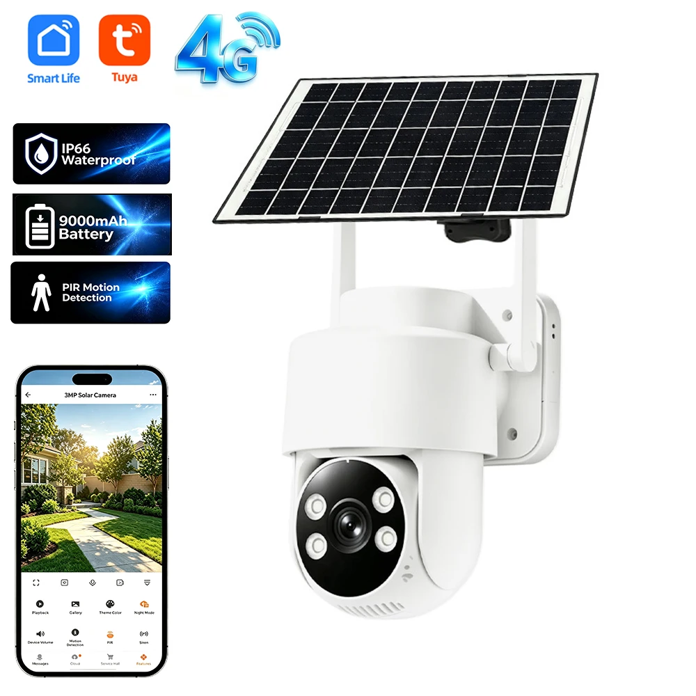 Tuya 4G Solar Outdoor Camera 3MP IP66 Waterproof Security Solar PTZ Camera CCTV PIR Motion Detection Clear Night Vision