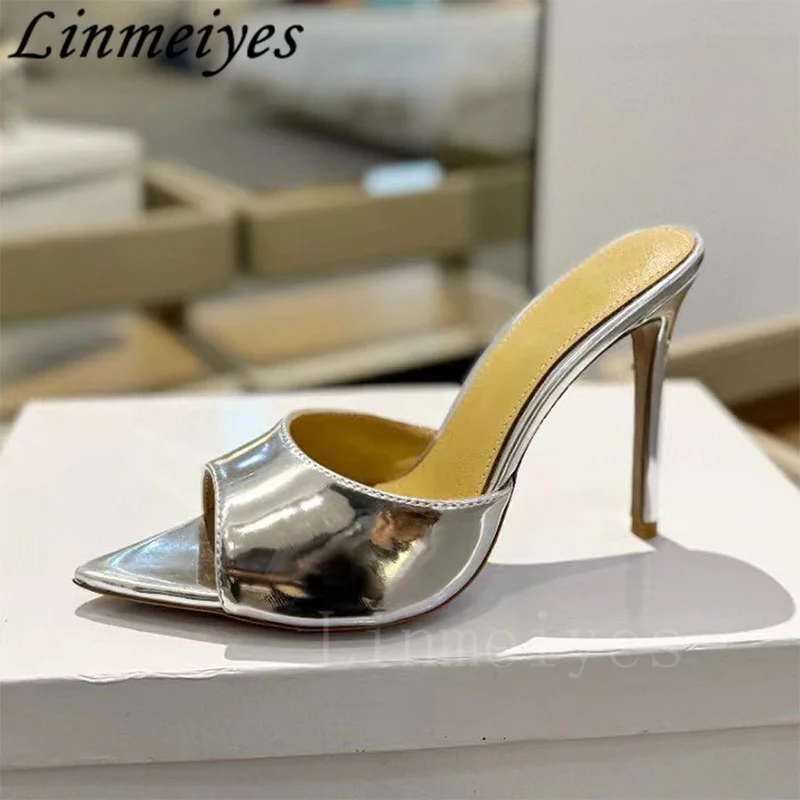 Hot Sales High Heels Slippers Women Pointed Peep Toe Slides Genuine Leather Summer Shoes Women Stiletto Runway Sandals Woman