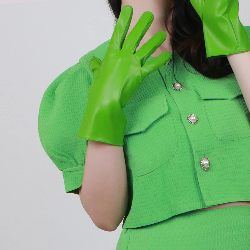 Pu 짧은 장갑 28cm 모조 가죽 높은 탄성 매트 녹색 과일 잔디 따뜻한 패션 여성