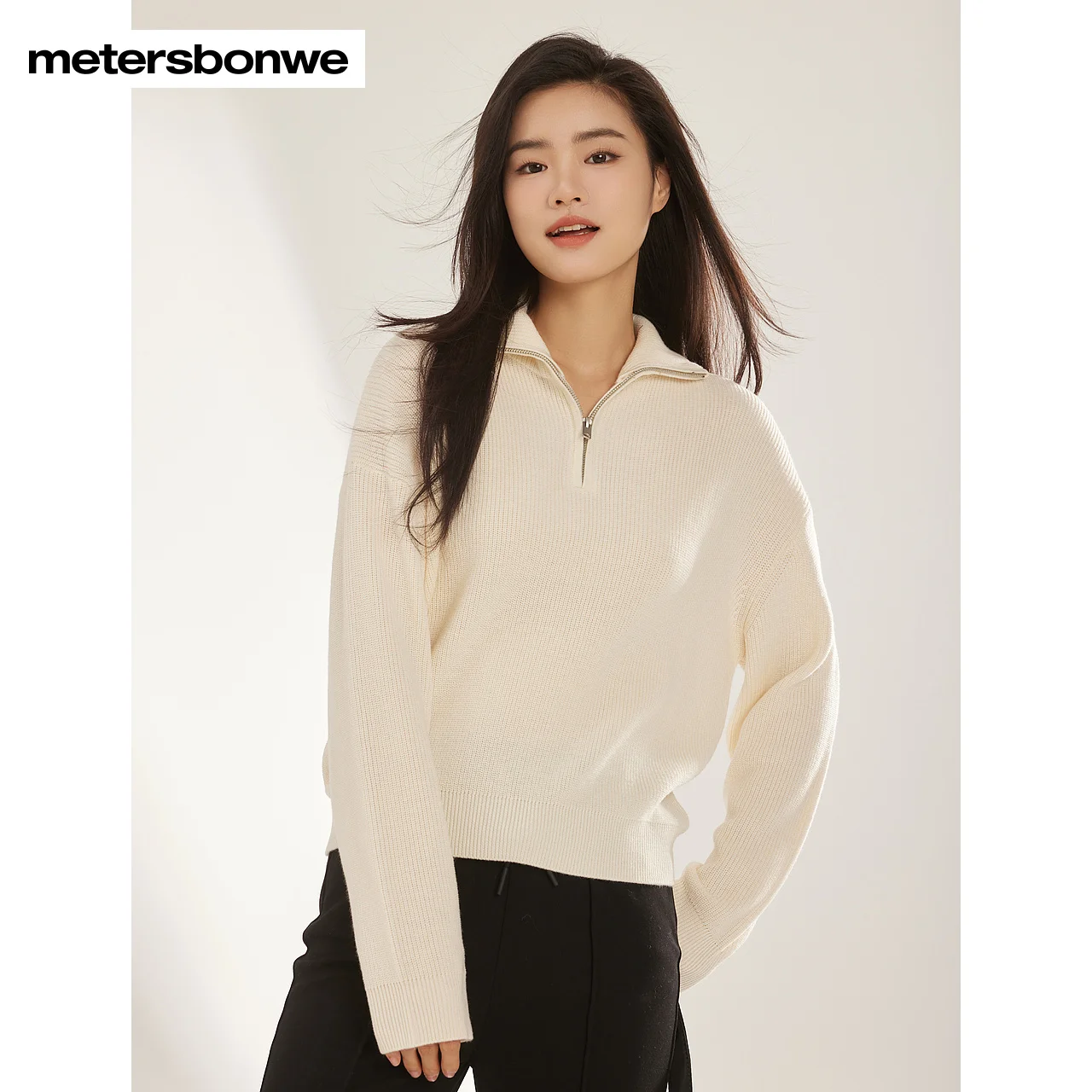 Metersbonwe-Women\'s New Mock-Neck Solid Color Sweater Long Sleeve Air Permeability Warm Jumper Elegant Simple Winter