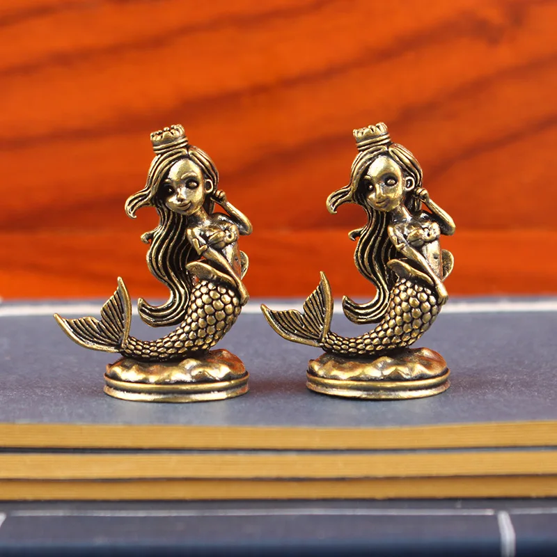 تمثال حورية البحر النحاسي الساحر ​   - تمثال مخلوق البحر لديكور بيت الدمى المصغر، مجموعة عرض سطح المكتب المحيطي
