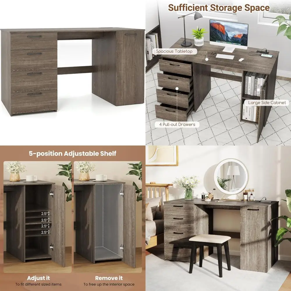 

Computer Desk with Drawers, 53’’ Study Table with Storage Cabinet & Power Outlet, Wood Makeup Vanity Table, Modern Writing Desk