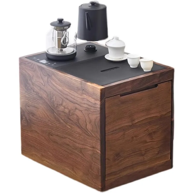 Black walnut tea cabinet, small mobile tea table, kettle integrated household small tea table solid wood balcony