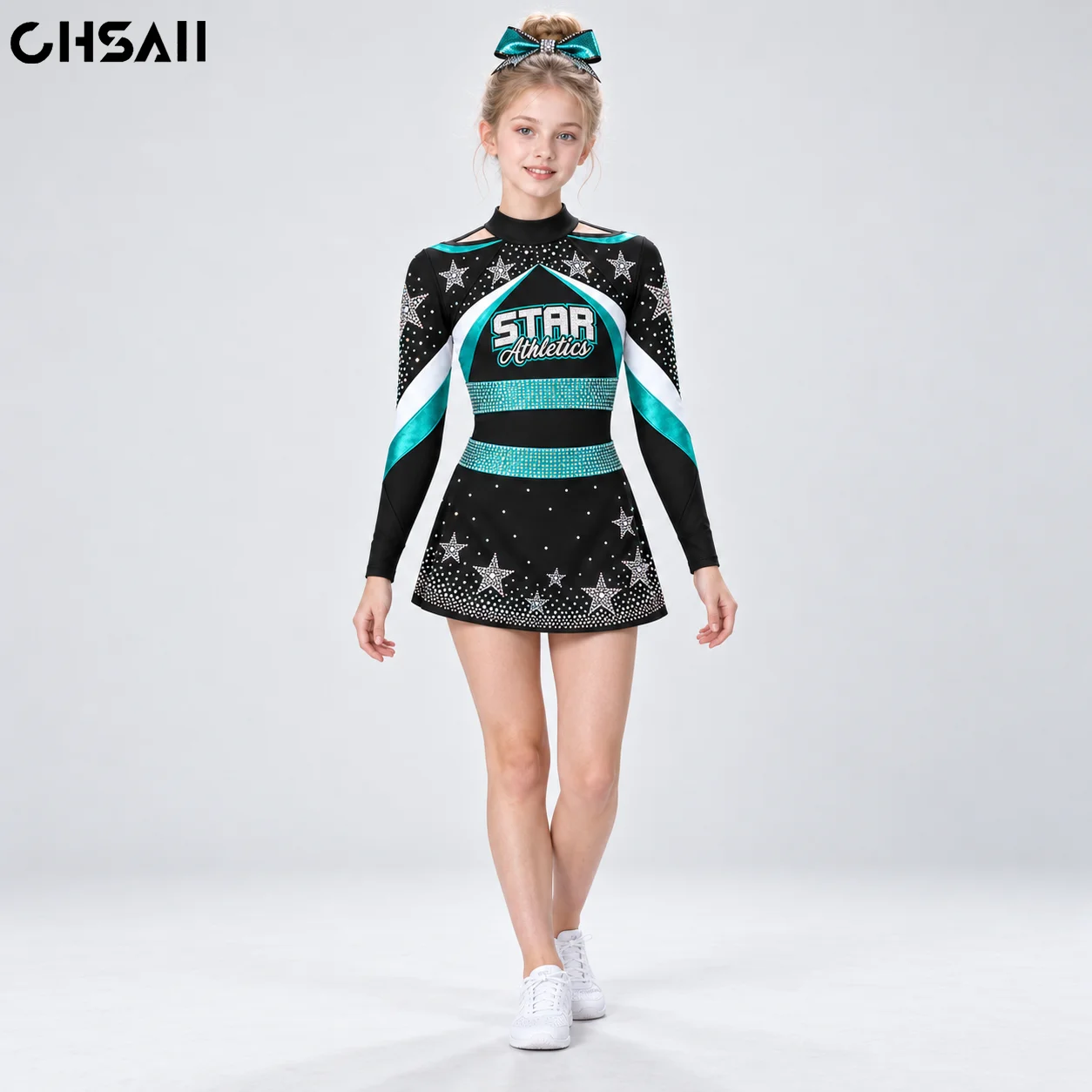 Girls Black Teal White Rhinestone Cheerleading Dress Long Sleeve High Neck Star Sparkle Skirt Youth Dance Competition Costume