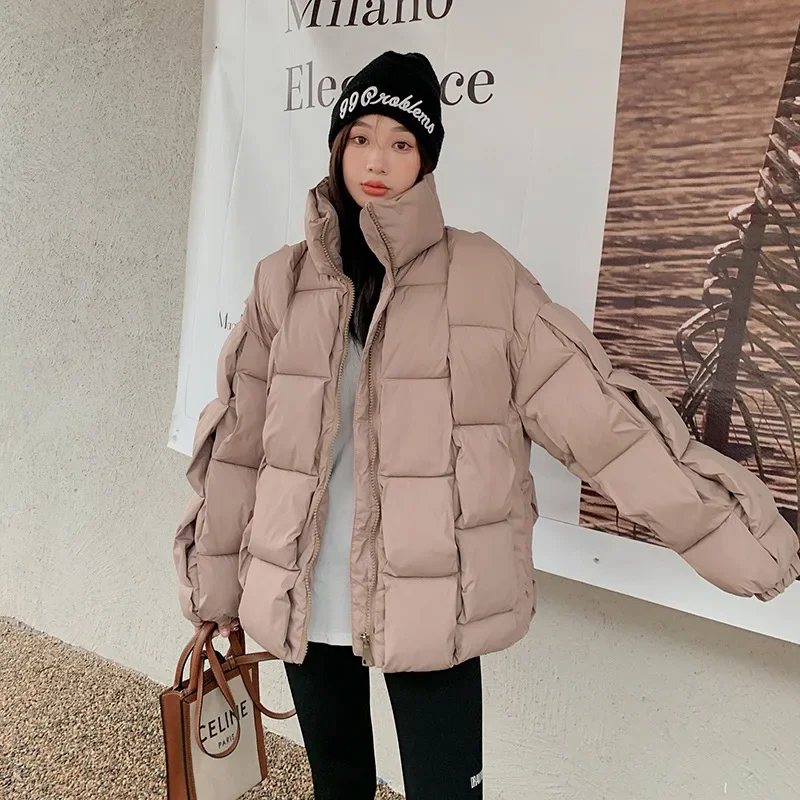 Women'S Down Coat Quilted Puffer Cotton-Padded Clothes Korean Stand Collar Thicken Warm Oversized Bread Jacket Woman Coat Winter