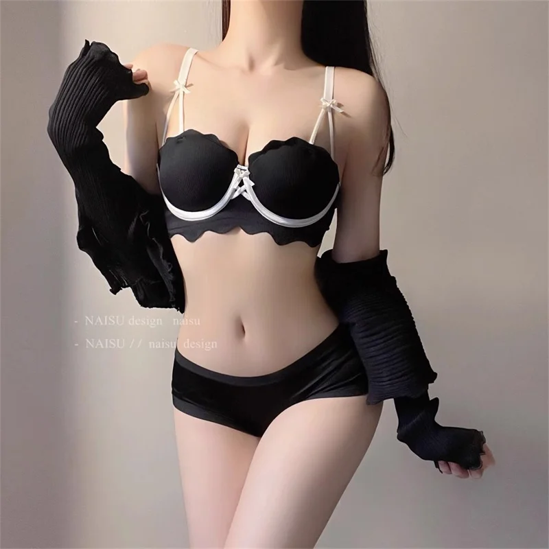 

Beauty Back Bow Black Sexy Bras and Panty Sets for Women Cute No Steel Ring Seamless Bras for Small Breasts Lenceria Para Damas