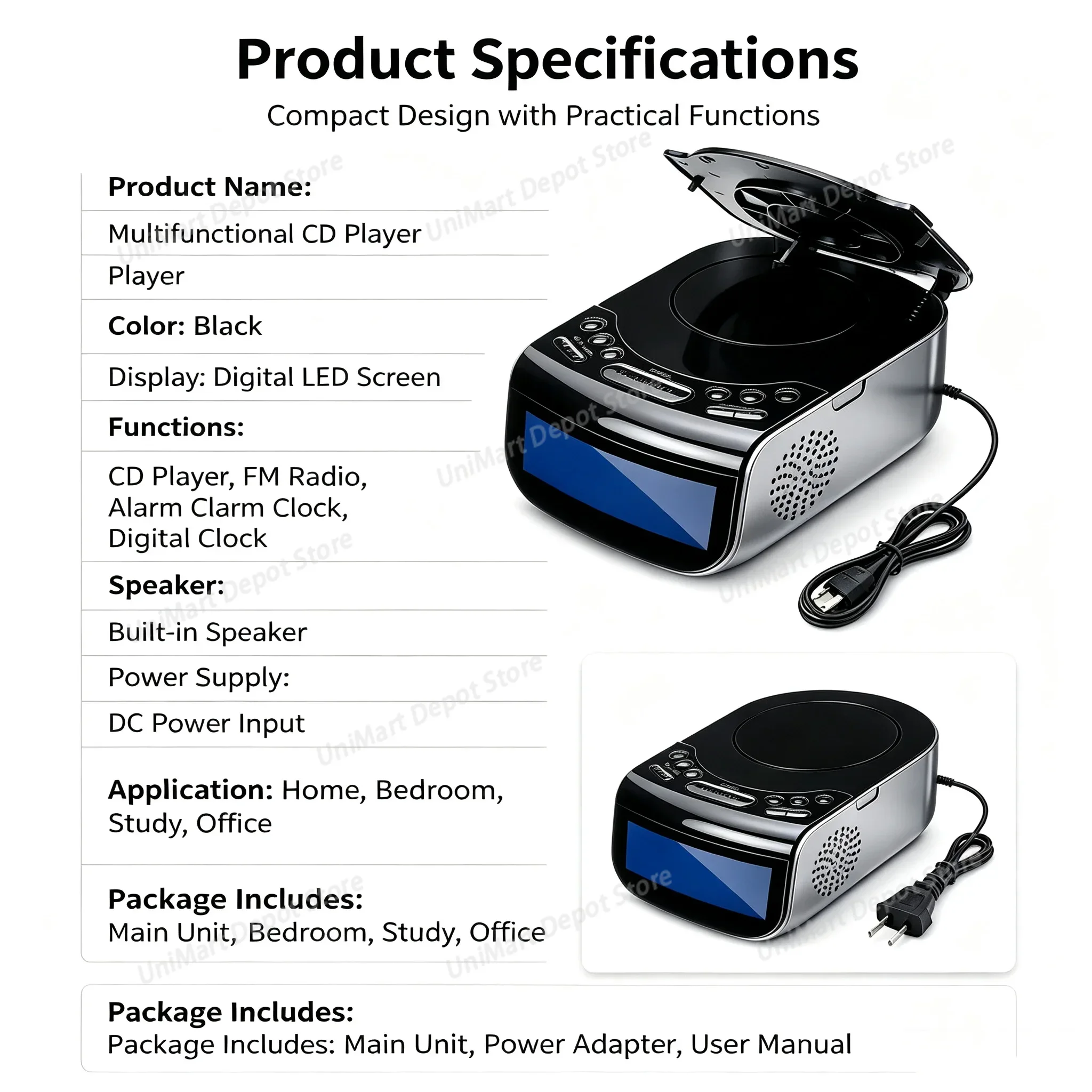 Portable CD Player with Speakers and Small Rechargeable Clock alarm clock sleep timer with USB and FM Radio