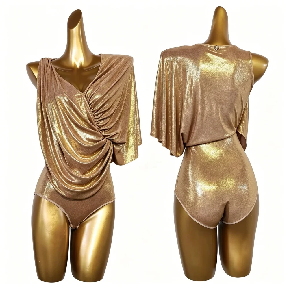 Golden Latin Dance Competition Dress Irregular Fringe Skirt One Sleeve Draped Stage Performance Outfit