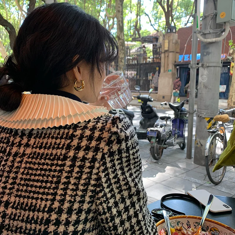 Manteau en laine pour femmes, nouveau Design, petite taille, haut en Tweed à carreaux, Vintage, boutons, détail bulle, Fiber de Polyester, 2025