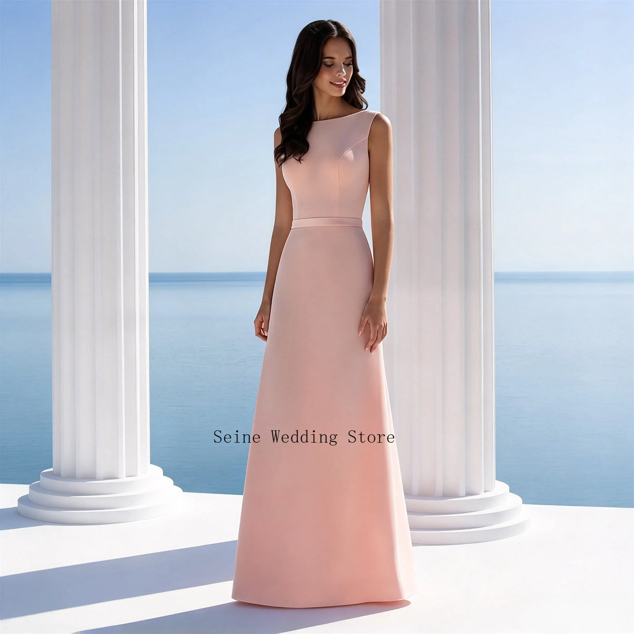 Vestido largo de corte en A, de color rosa y diseño personalizado, para la madre de la novia, con cinturón, escote barco, sin mangas, ideal para fiestas de boda y eventos formales.