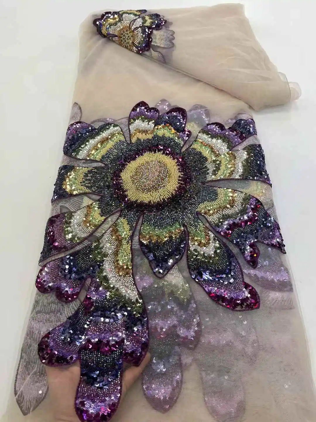 African Mesh Lace Fabric With Sequins Nigerian 3D Flowers Lace Fabric French Tulle Lace Fabric For Wedding Party-XC