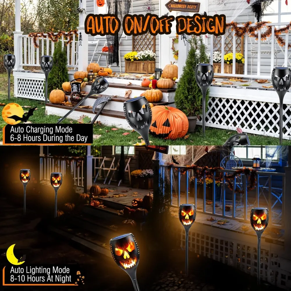 Halloween Lights Outdoor, 4 Packs Super Larger Size Solar Torch Light with Flickering Flame, Waterproof LED Flame Lights Outside