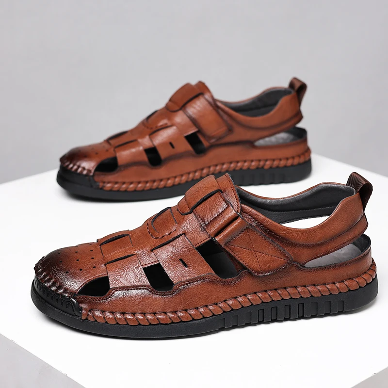 

Новинка 2023 года, мужские кожаные сандалии ручной работы, модные уличные туфли с вентилируемой против усталости, для широких ног