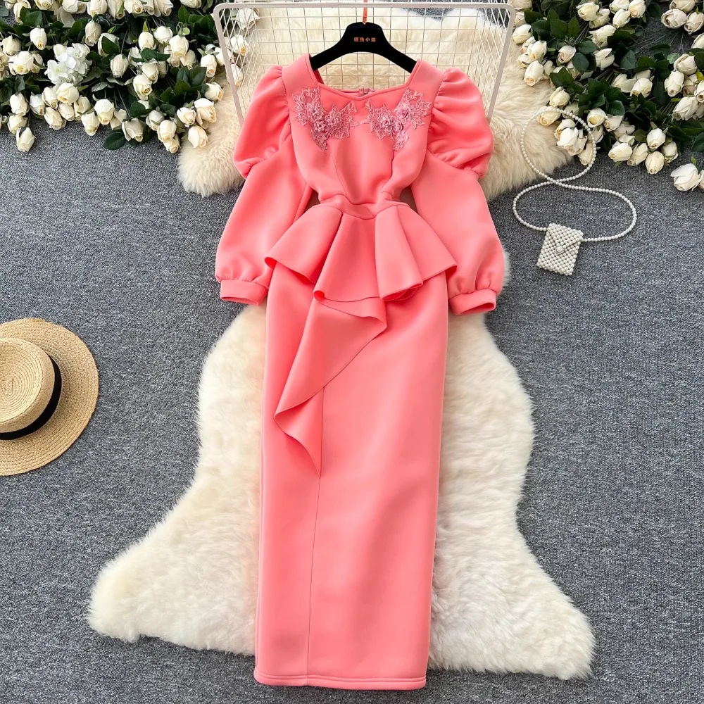 Elegant Puff Sleeves Vintage Square Collar Chic Embroidered Ruffle Spliced Slim Split Evening High Street Winter Plus Size Dress