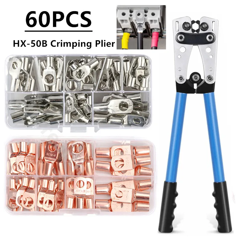 

60CPS Assortment Car Auto Copper Ring Terminal Wire Crimp Connector Bare Cable Battery Terminals Soldered Connectors HX-50B Kit