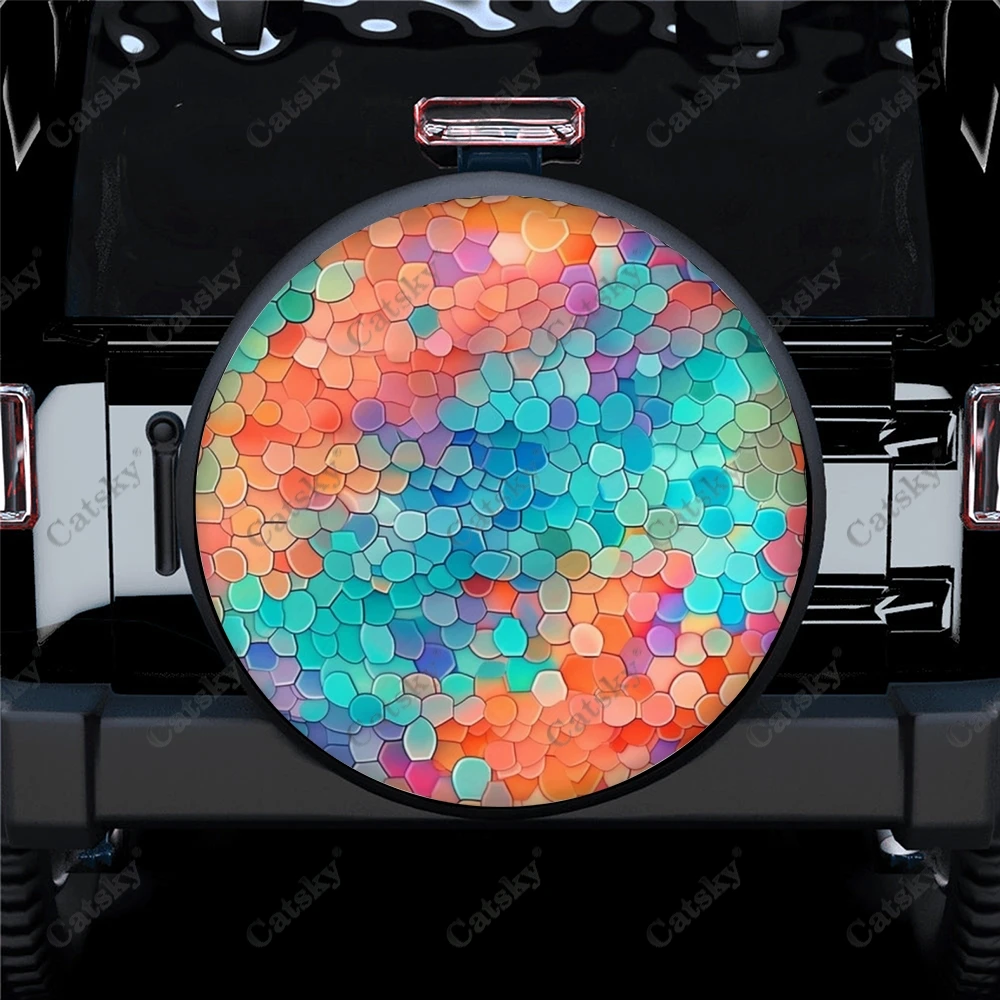 Mixed Colorful Mosaic Pattern Polyester Universal Spare Wheel Tire Cover Custom Tire-Covers for Trailer RV SUV Truck Camper