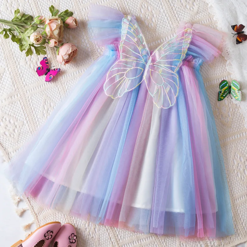 Girls dress Rainbow wings mesh girls dress 2024 summer short-sleeved baby girl princess skirt Peng Peng skirt