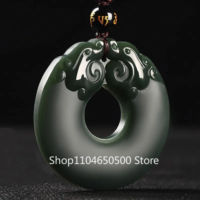 

Natural Hetian Jade Double Dragon Pendant Green Jade Carved Hollow Peace Buckle