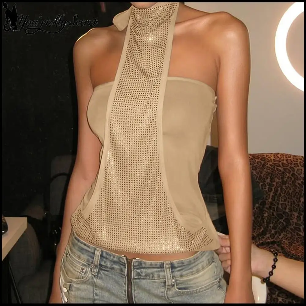 [You're My Secret] Punk Style Halter Black Crop Top Women Sexy Rhinestone Decorations Vest Summer Y2k Sexy Night Out Streetwear