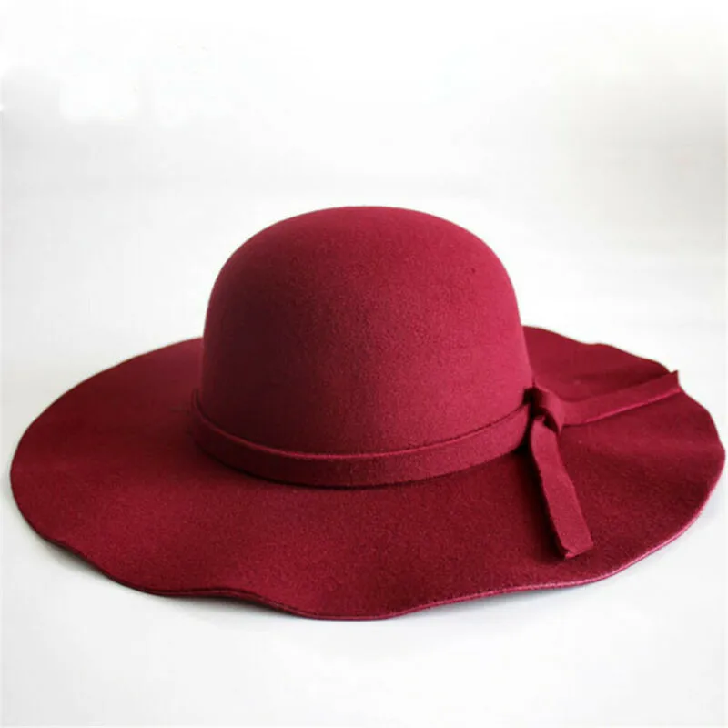 Women\'s Vintage Fashion Wide Brim Wool Felt Bowler Party Hat Bow Cap