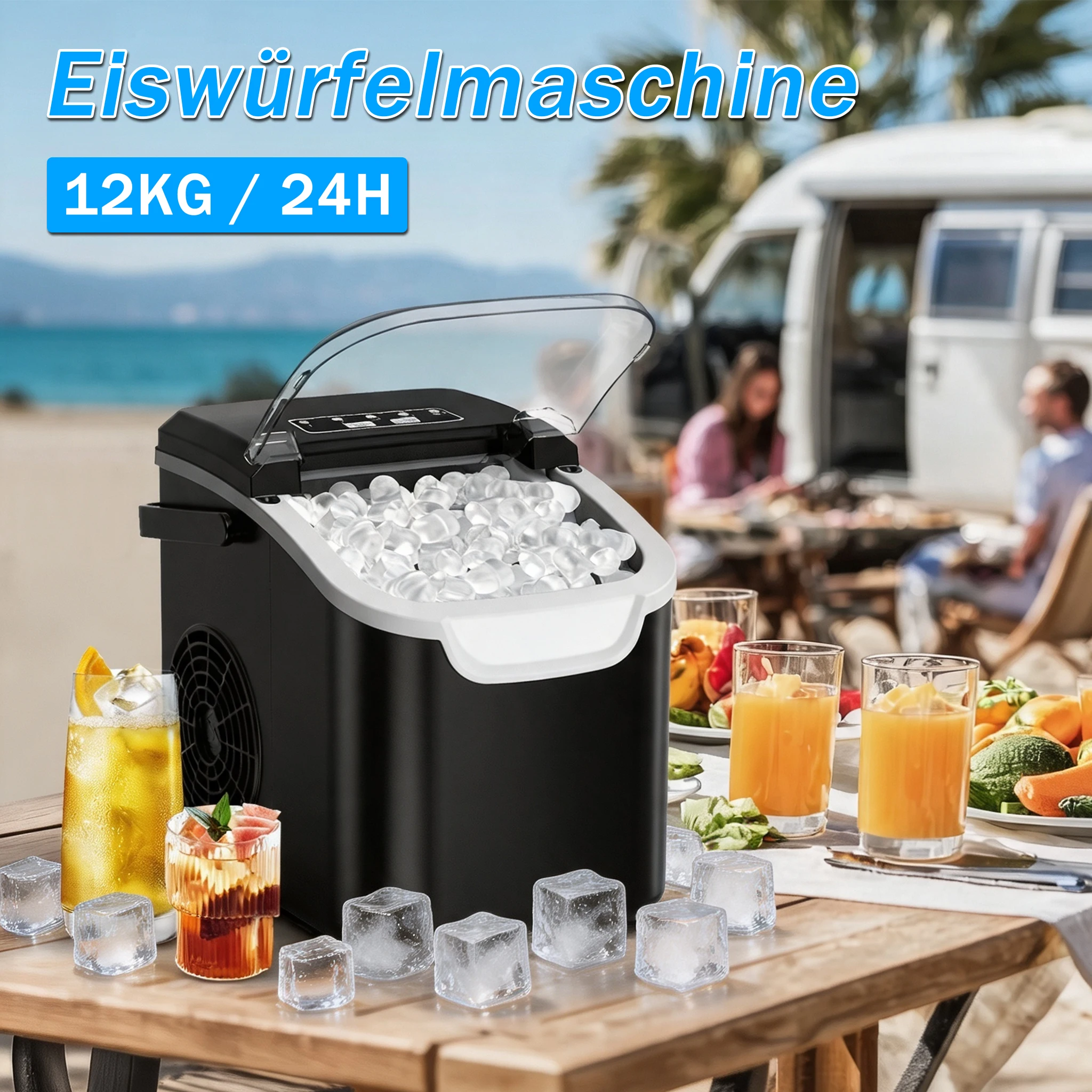 Tragbare Eiswürfelmaschine 12kg/24H, Tisch-Eiswürfelbereiter mit 2 Eisgrößen und Griff für Bar, Zuhause, Küche, Büro, automatische Reinigung, elektrische Kühlgeräte