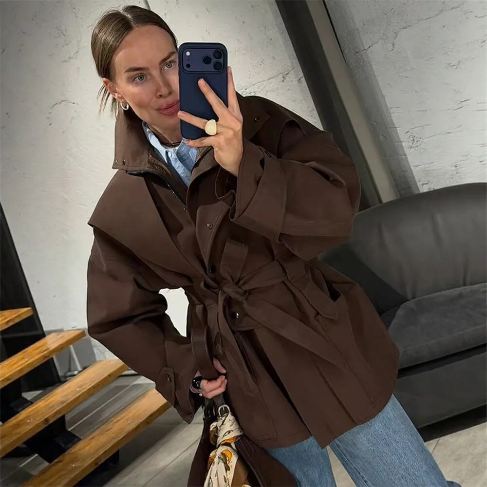 2026 women's solid color lace up single row iron buckle mid length windbreaker jacket for women