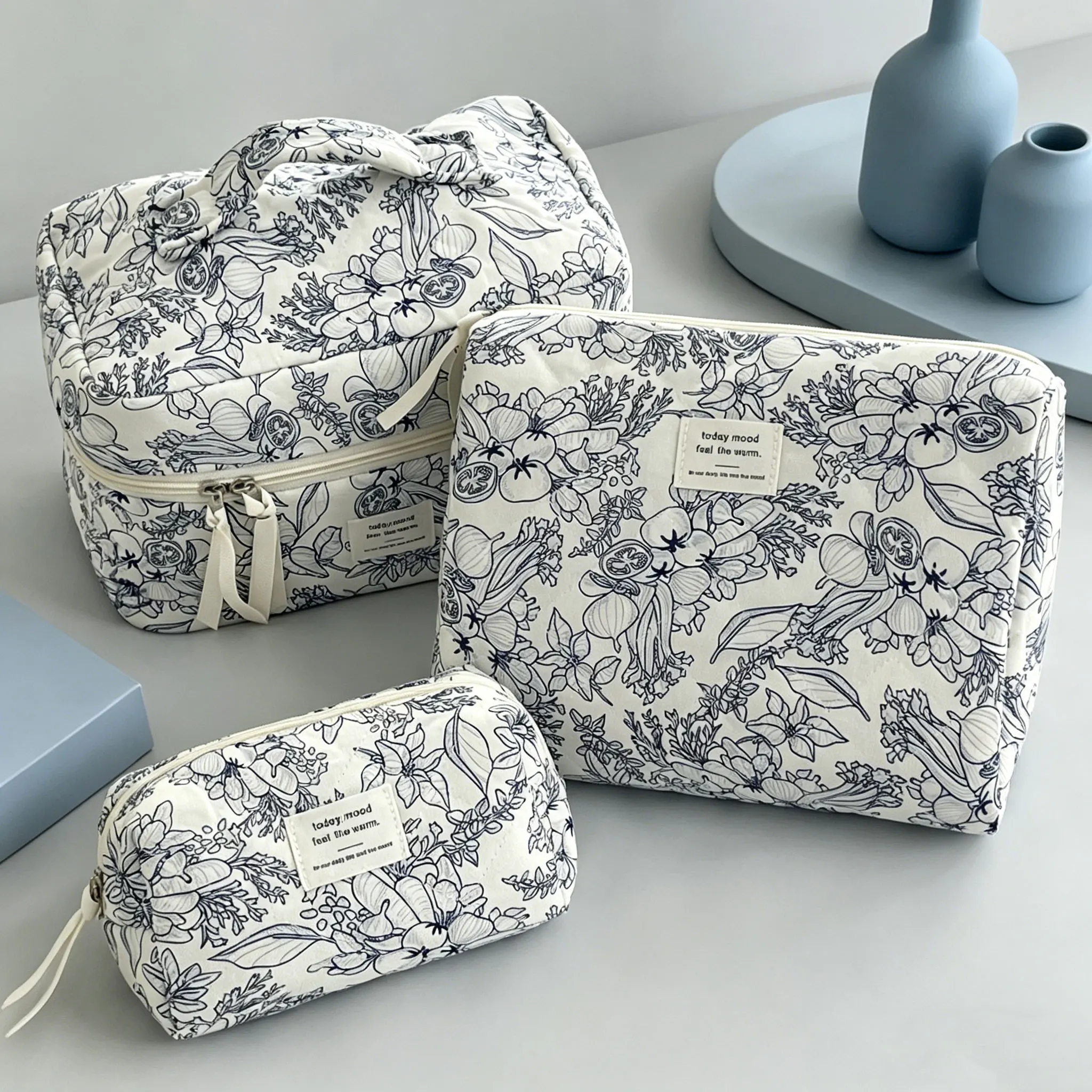 Vintage Blumen Kosmetiktasche für Damen, Tragbare Gesteppte Baumwoll-Handtasche, Reise-Organizer, Make-up Aufbewahrungstasche