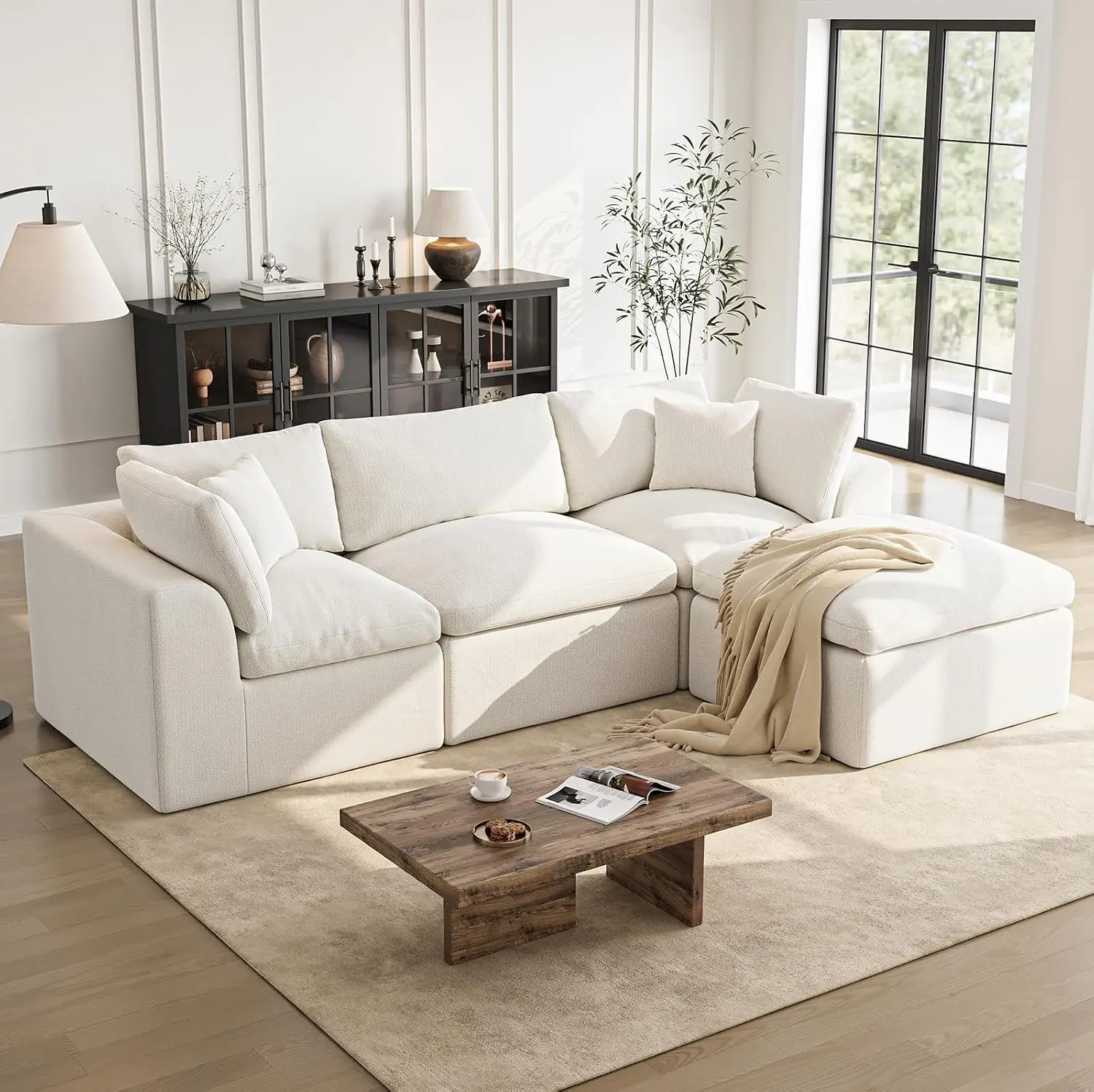 Modular Sectional Sofa L-Shape 108 Inch with Ottoman for Living Room Ivory White, Customized