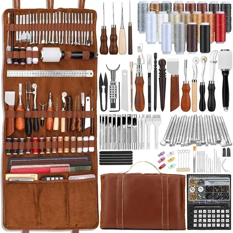 

Leather Tooling Kit Leather Working Kit with Custom Handbag Cutting Mats Engraving Punching Sewing Stamping Sanding