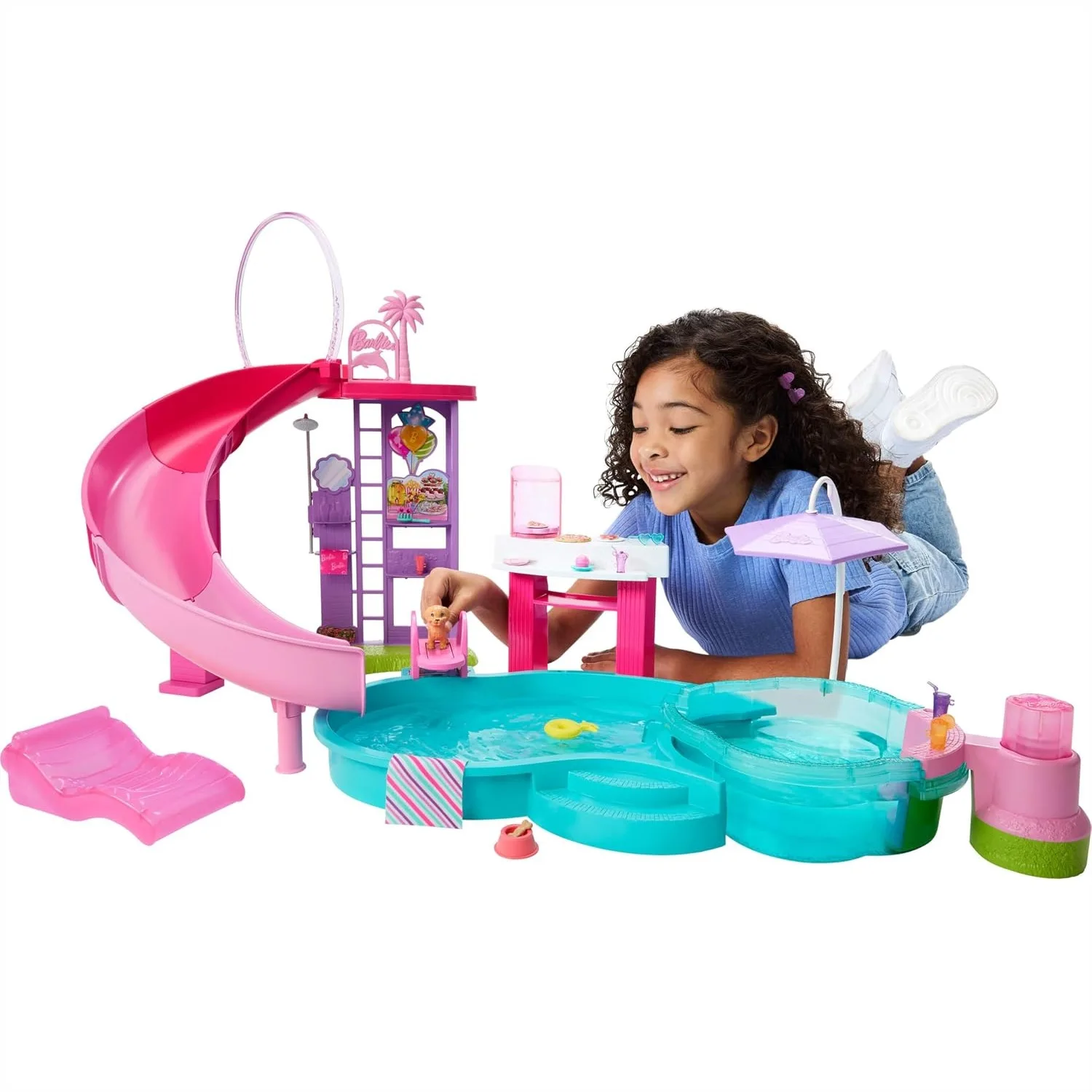 

Pool Playset with 6 Play Areas, Slide & Bubbling Hot Tub, 20+ Accessories for Kids