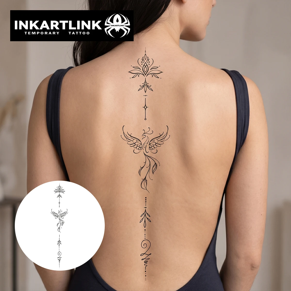 INKARTLINK 1PC Women's Temporary Tattoo Sticker – New Design Featuring Phoenix Feather, Floral, Leaf, and Vertical Stripe Patter