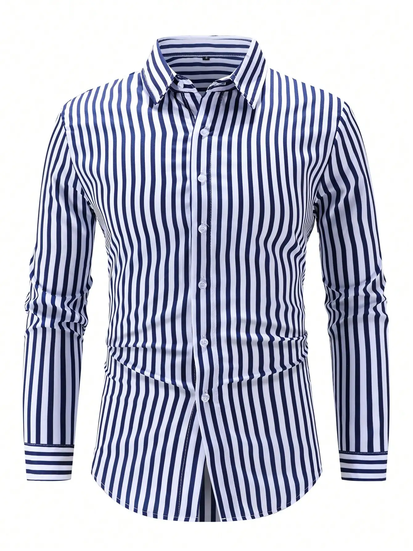 

Men's Classic Blue and White Vertical Stripe Long Sleeve Button-Front Casual Shirt