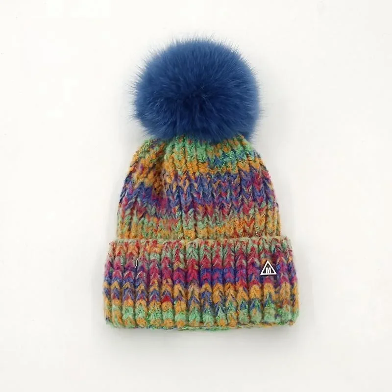 Women Stripes Knit Hat For Women Girls Sweet Thick Winter Hat Real Fox Fur Pompom Bonnet Warm Skullies Beanies Hat