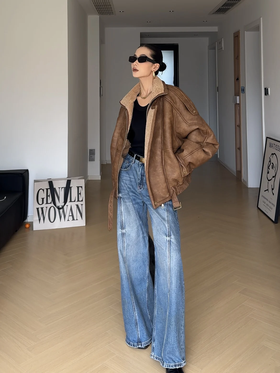 CIZZLEMORE-abrigo de motociclista con textura Retro para mujer, abrigo ortopé con cuello entrelazado de cuero y piel con forro de Fce