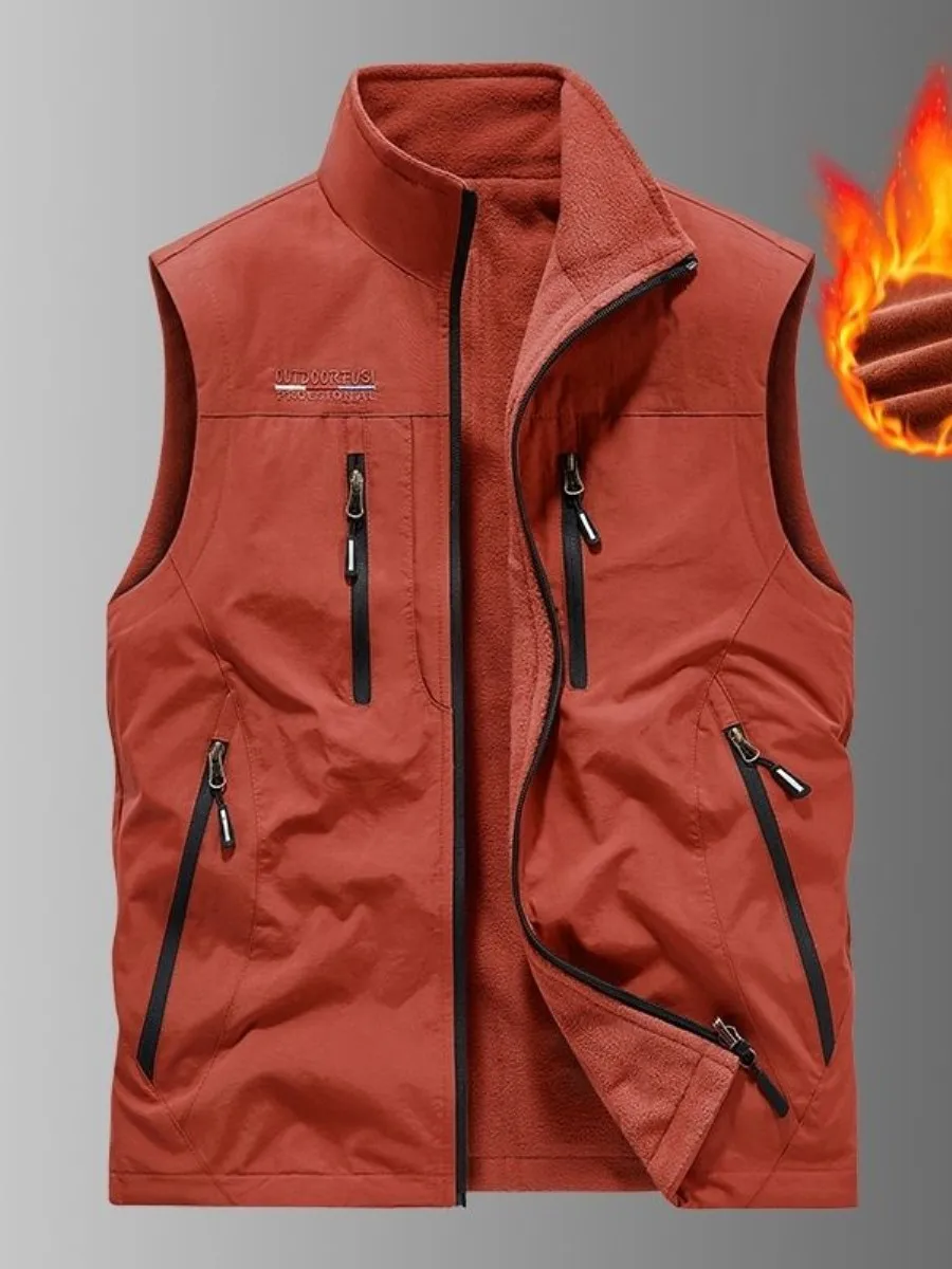 Men's Fleece Lined Double Sided Vest Autumn Winter Thickened Casual Outdoor Coat Jacket Zipper Closure Stand Collar Business ...