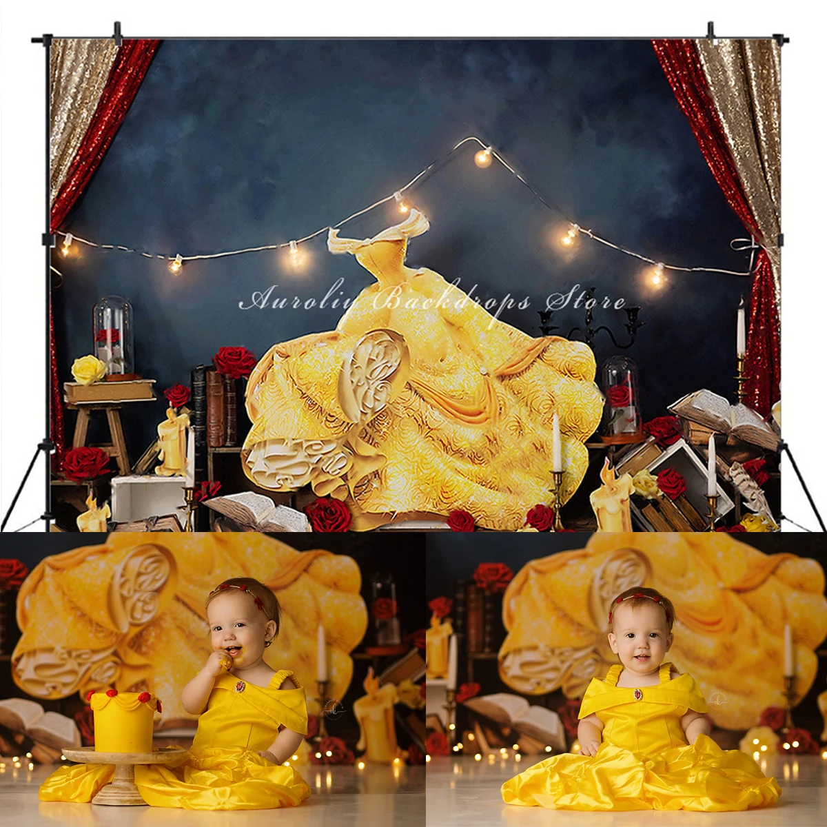 Belle Of The Ball Backdrops Kids Girl Birthday Cake Smash Photography Props Child Baby Gold Dress Party Night View Background