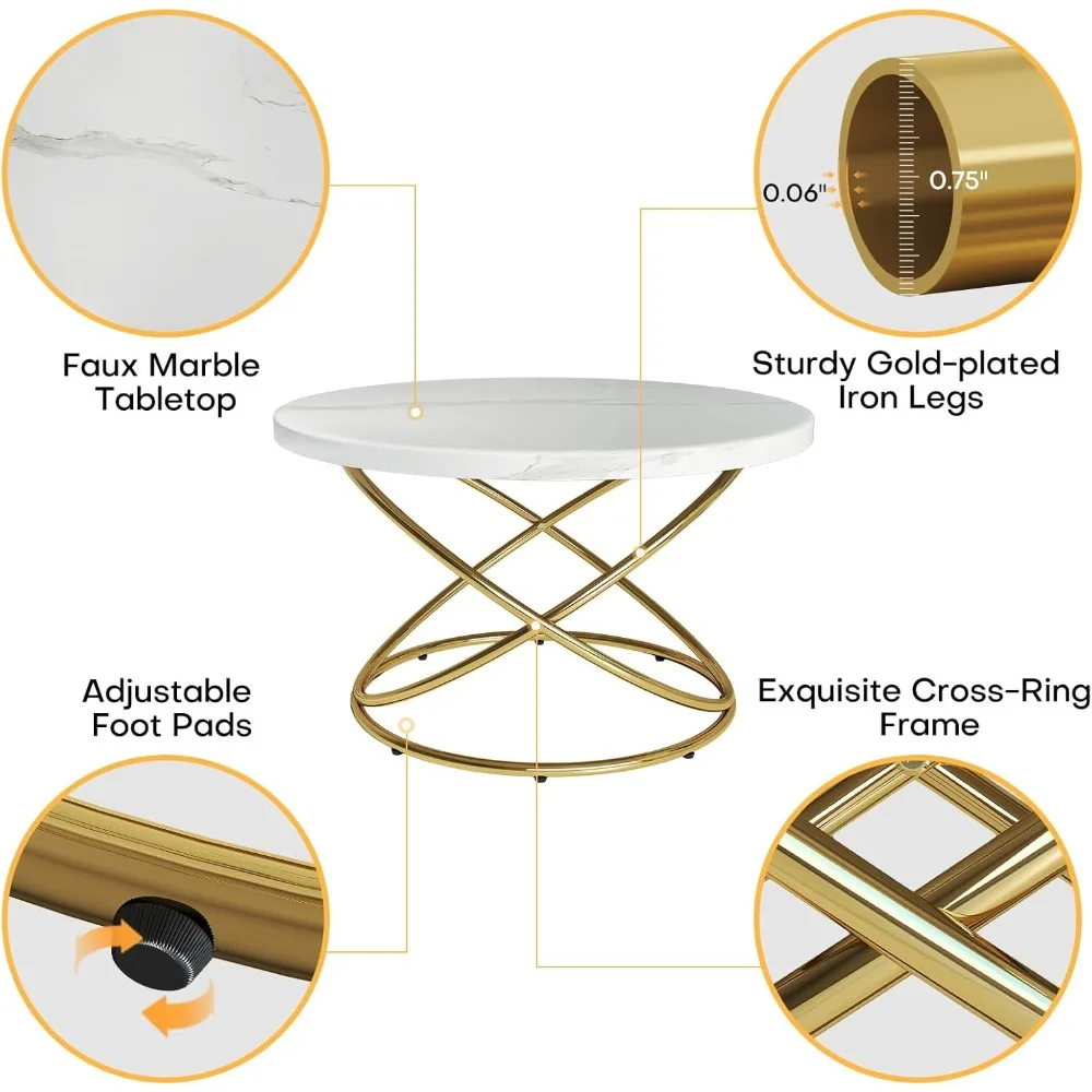 طاولة قهوة مستديرة لغرفة المعيشة، طاولات قهوة رائعة من الرخام الصناعي مقاس 31.5 بوصة بإطار ذهبي، طاولة مركزية حديثة f