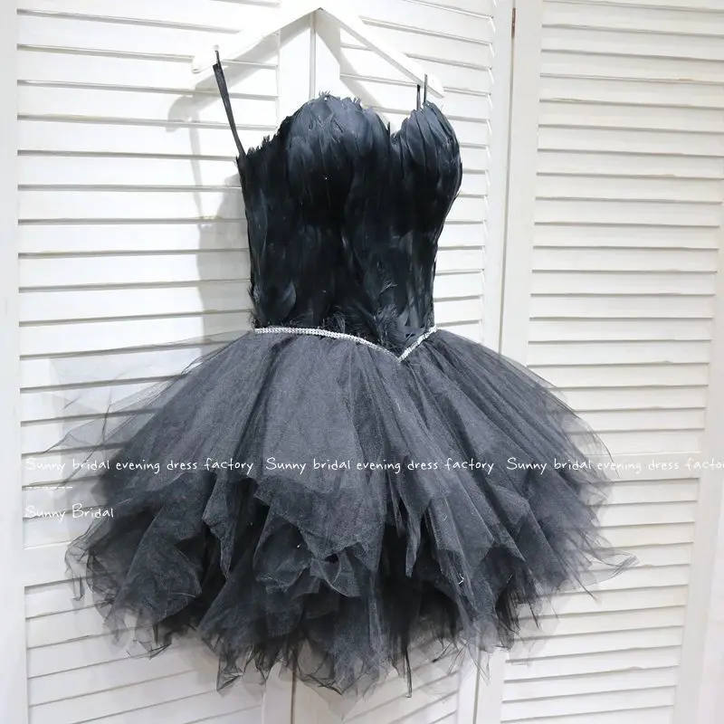 Girls Sexy Short Skirt Slim-fit Black Feather Annual Party Evening Dress Cos Swan Costume New Banquet Party Runway Host Dress