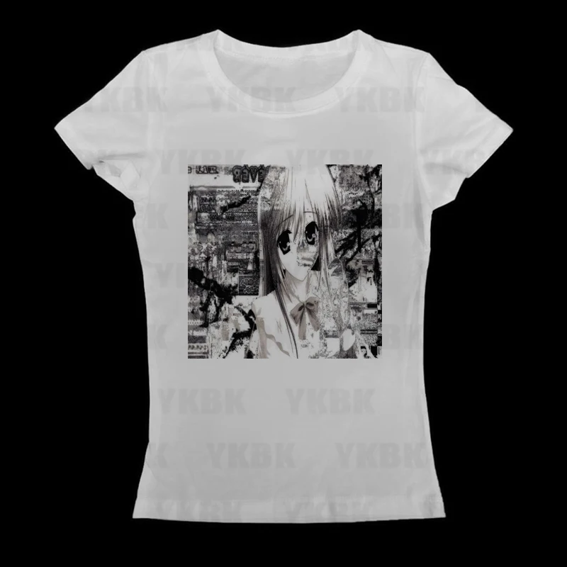 Harajuku النساء Y2K الشارع Harajuku موضة حار فتاة رداء علوي غير رسمي الصيف الرجعية القوطية الأبيض طباعة قميص الانمي فتاة حار ايمو