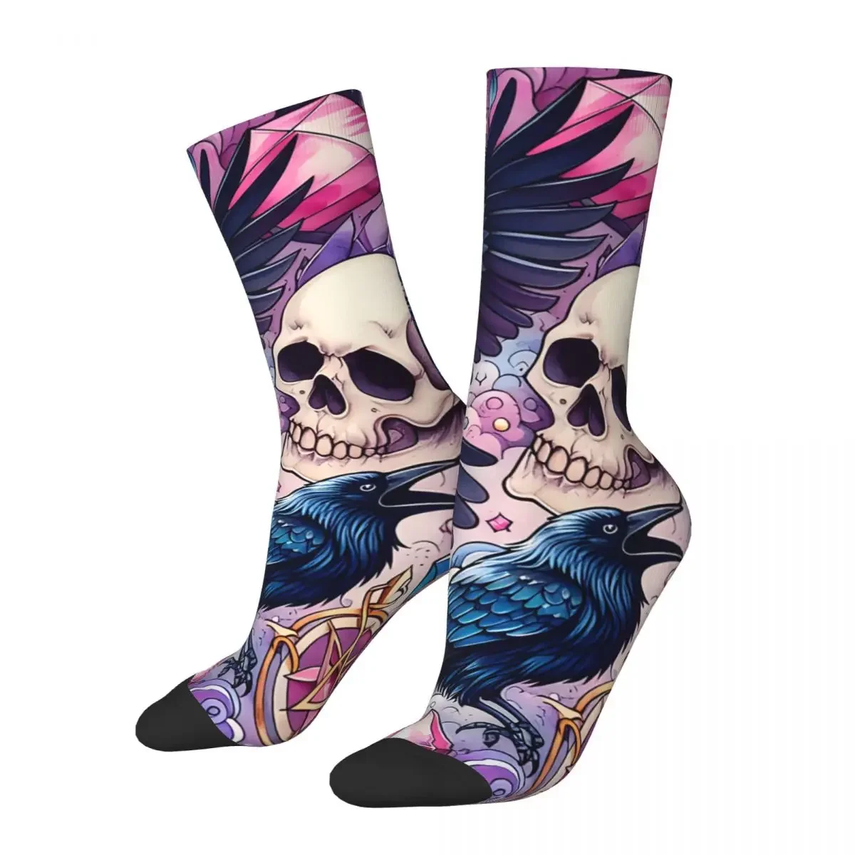 Watercolor Skulls And Ravens Sock for Men Harajuku Halloween Crow Skull Quality Pattern Crew Sock Novelty