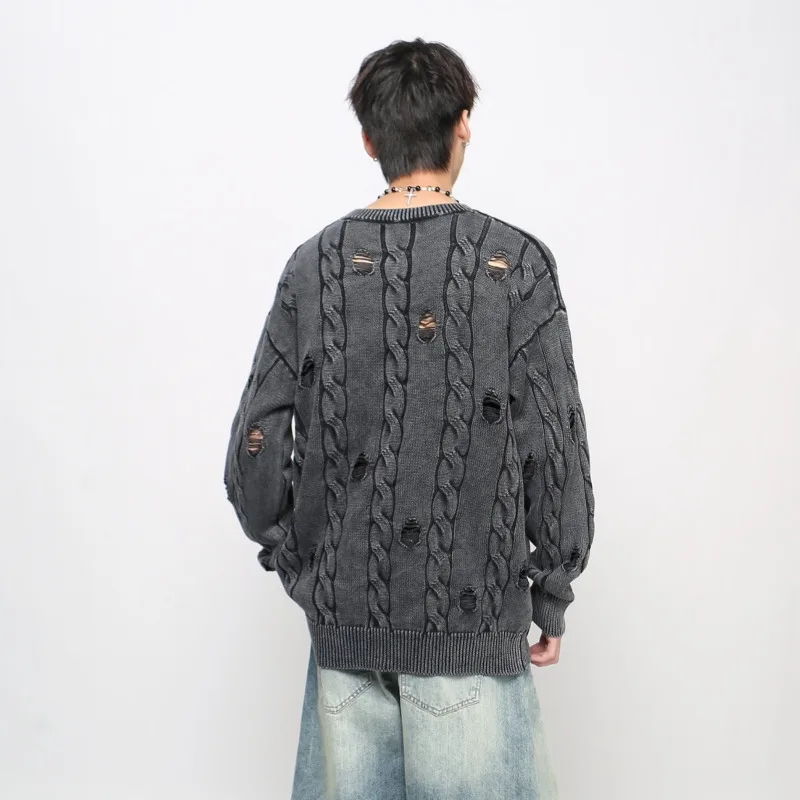 เสื้อสเวตเตอร์ผู้ชายสไตล์อเมริกัน MWJLPWQ รุ่น High Steet Vintage สีสันตัดกันแบบดิสเทรส ขาดๆ แบบลำลอง สไตล์คู่รักหลวมๆ สำหรับฤดูใบไม้ร่วงและฤดูหนาว รุ่น 21073