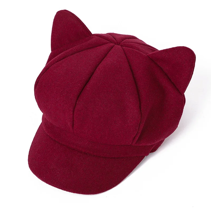 Beret Winter Hats for Women Solid Plain Cute Cat Ear Octagonal Newsboy Cap Ladies Casual Winter Beret Women Painter Cap Vintage