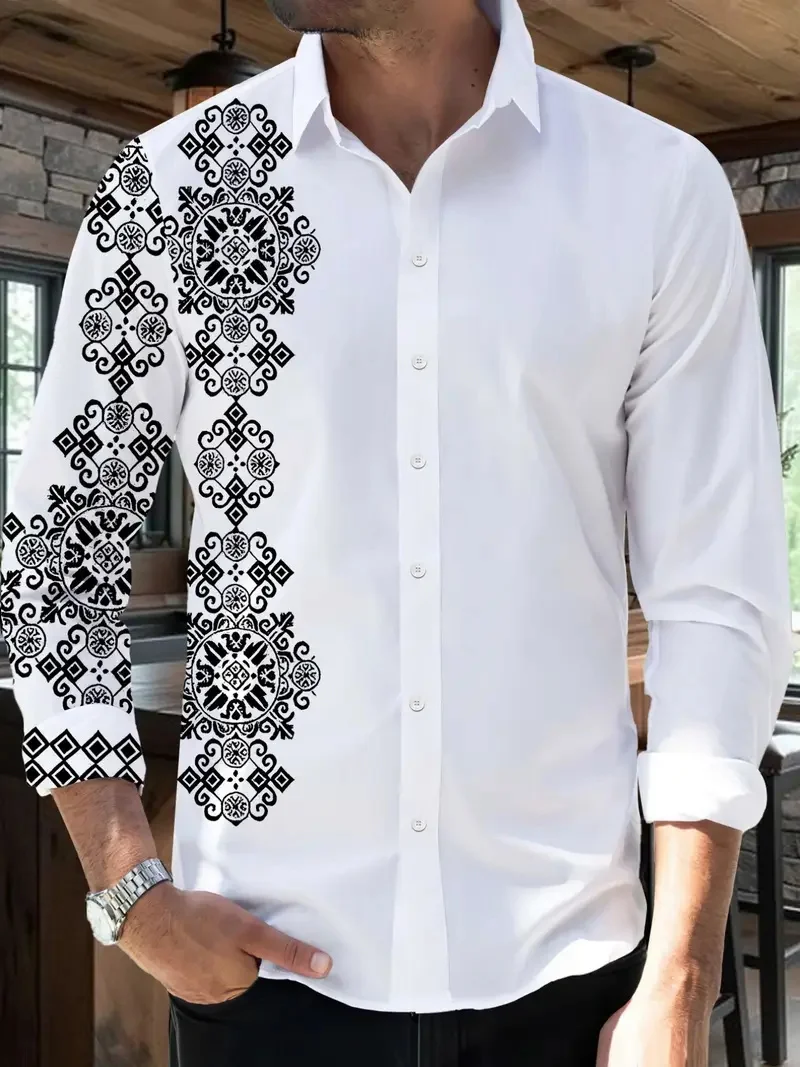 

Новая мужская повседневная рубашка с 3D принтом рун, однобортная дизайнерская мужская одежда с принтом этнического племени
