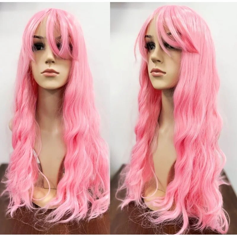 

Pink Long Wavy Wig Cosplay Fancy Dress Bubblegum Pink Fringe Cute