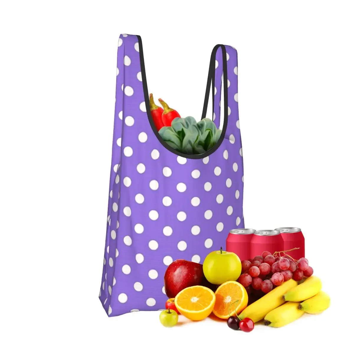 White Polka Dots Over Purple Shopping Bag Portable Tote Bags Foldable Shoulder Shopper Bag Groceries Handbag