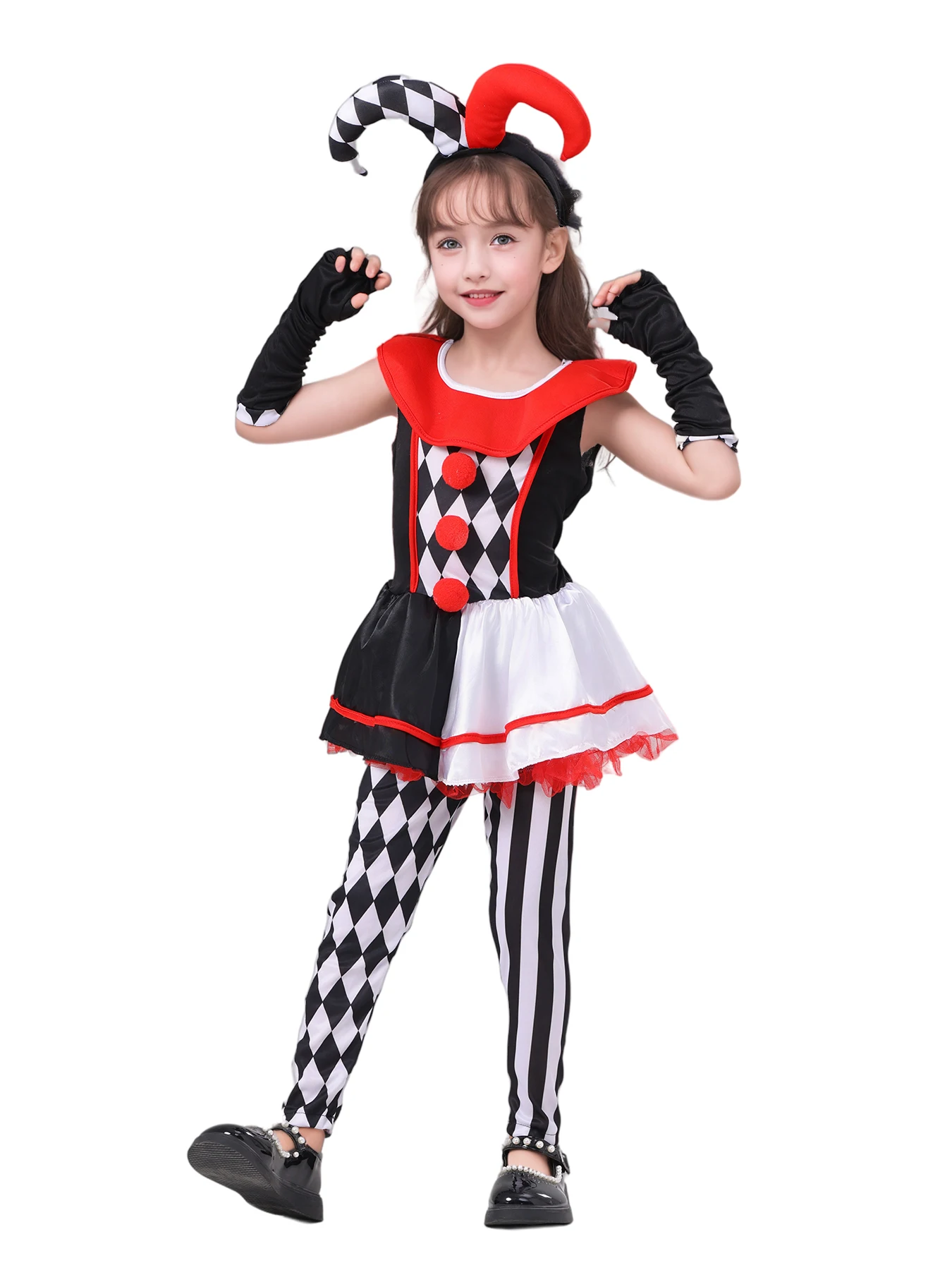 Girls Poker Pattern Jester Clown Cosplay Dress Outfit Kids Halloween Carnival Party Costume